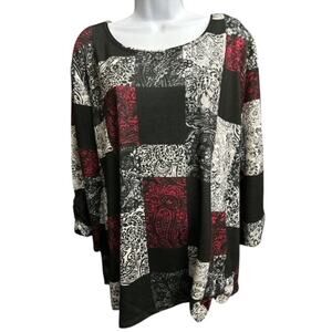 Allison Daley 3X Top BOHO Red Black Paisley Fancy Patchwork Pullover 3/4 Sleeves